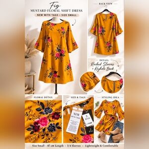 Figs Mustard Floral Dress with Ruched Sleeves